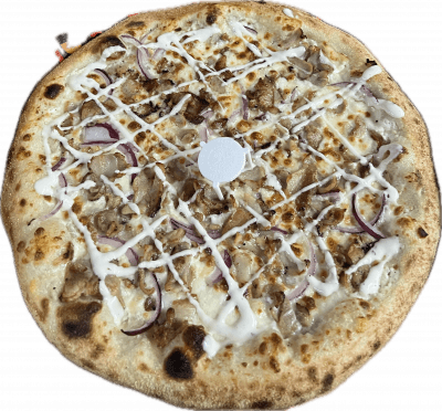 KEBAB🥙:Base creme, Fromage, Kebab, Oignons, ((Sauce blanche, oignons frits))