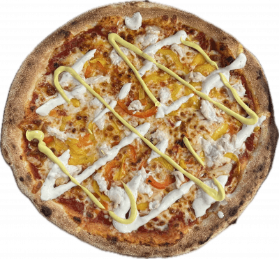 INDIENNE: Base tomate, Fromage,Poulet , Poivrons, ((Sauce Curry, Boursin))