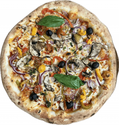 VÉGÉTARIENNE: Base tomate, Fromage, Oignons, Poivrons, Champignons, Olives, ((Origan, Huile d’olive, Basilic, Tomates Fraîches))