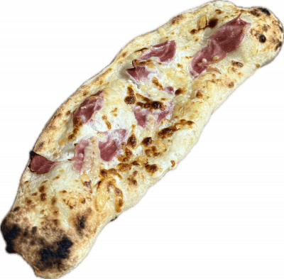 PIZZANINI JAMBON: pâte 26 cm , moitié crème (léger) ,filet d'huile d'olive fromage , jambon , refermer , crème, jambon ,fromage