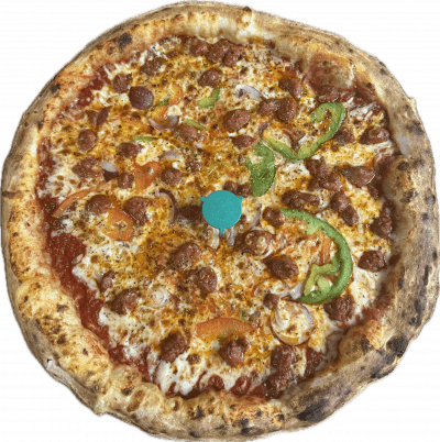 ORIENTALE🌶 :Base tomate, Fromage, Merguez, Poivrons, Oignons
