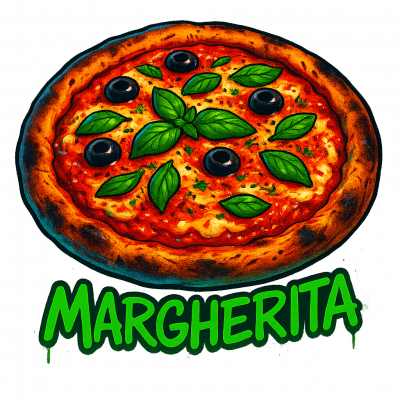 MARGHERITA 🍅 🍕: base tomate, fromage, olives, ((origan, basilic))
