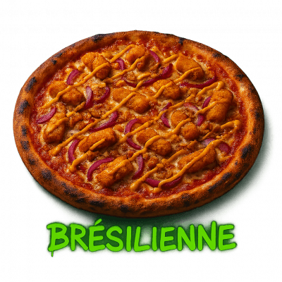 BRÉSILIENNE🇧🇷: base tomate, fromage, tenders, oignons rouge, ((oignons frits, sauce brésilienne))