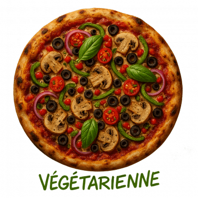 VÉGÉTARIENNE: base tomate, fromage, oignons, poivrons, champignons, olives, ((origan, huile d’olive, basilic, tomates fraîches))