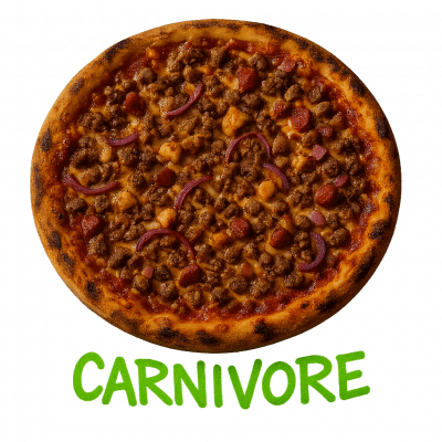 CARNIVORE🥩: base tomate, fromage, poulet, merguez, oignons, viande hachée