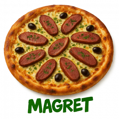 MAGRET🦆⭐️: BASE CREME, FROMAGE, MAGRET, PERSILLADE, OLIVE