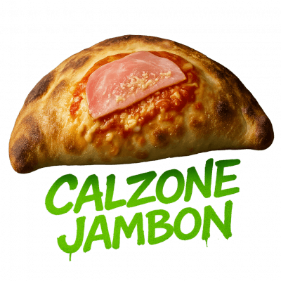 CALZONE JAMBON ⭐️:moitié base tomate moitié base crème, (pizza pliée en deux) fromage, jambon