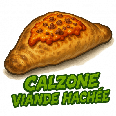 CALZONE VIANDE HACHÉE ⭐️ : moitié base tomate moitié base crème, (pizza pliée en deux) fromage, viande hachée