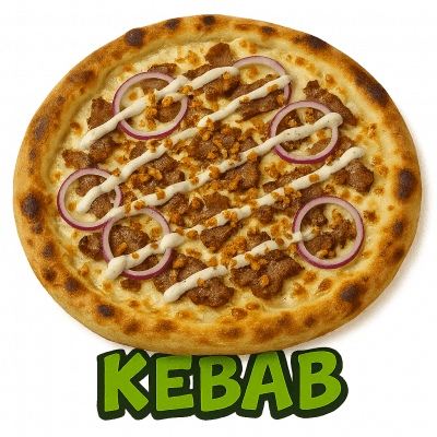 KEBAB🥙:base creme, fromage, kebab, oignons, ((sauce blanche, oignons frits))