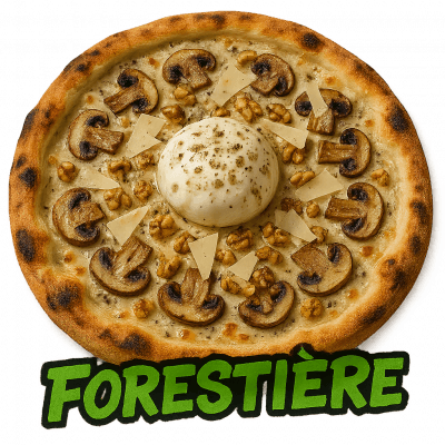 FORESTIÈRE 🍄🇫🇷: base creme , tartuffade, fromage, champignons, ((burrata, parmesan , noix, huile d'olive à la truffe))
