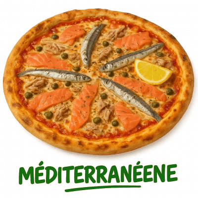 MEDITERANEENE: base tomate, fromage, anchois, thon ( saumon , origan , câpres, citron)