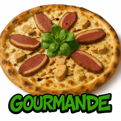 GOURMANDE: base crème, fromage , magret (( foie gras, pignons de pins , salade , vinaigre balsamique))