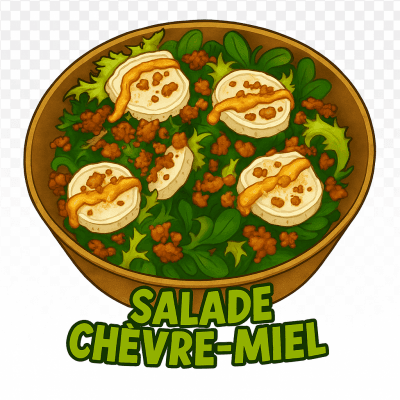 SALADE CHÈVRE-MIEL🍯: SALADE, CHÈVRE, LARDONS FRITS, OIGNON FRIT