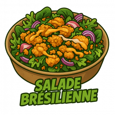 SALADE BRÉSILIENNE🇧🇷: SALADE, POULET PANÉ CHAUD, SAUCE BRÉSILIENNE, OIGNON ROUGE, OIGNONS FRITS