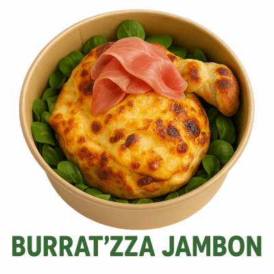 LE BURRAT'ZZA JAMBON: buratta, jambon, fromage, accompagné de sa salade .