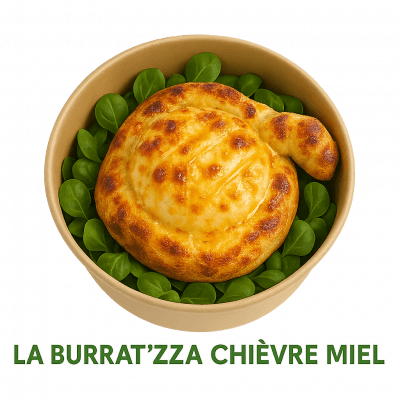 LA BURRAT'ZZA CHEVRE MIEL🍯: PATE 26 CM, BURATTA, CHÈVRE, MIEL ACCOMPAGNÉ DE SA SALADE .